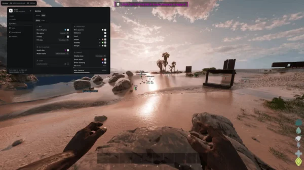 ARK Survival Ascended dino ESP menu with bounding box, health and level settings